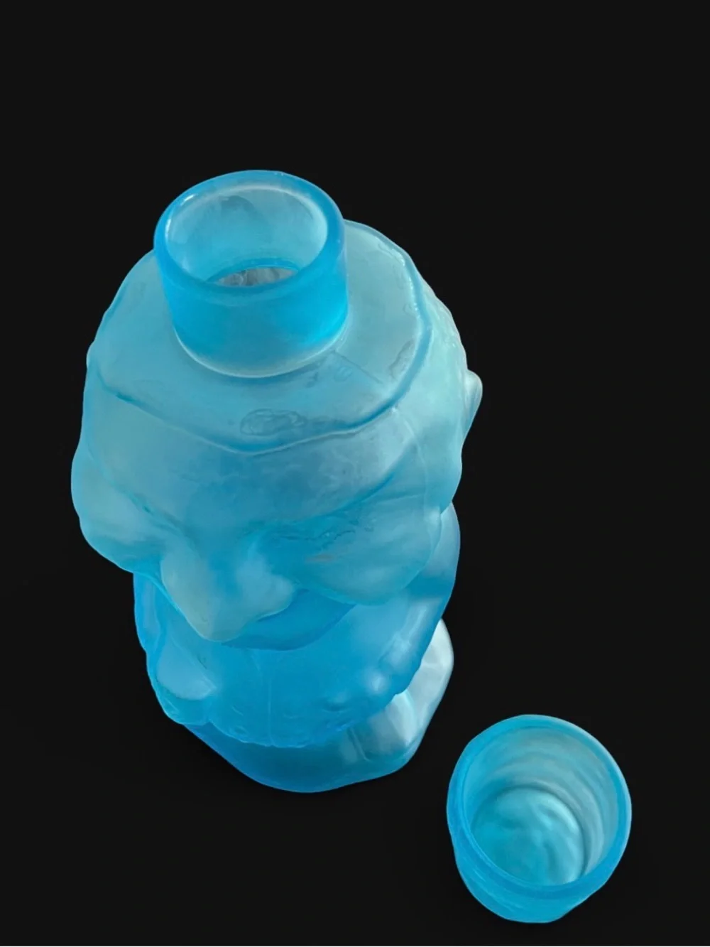 Vintage 70’s Jolly Mountaineer blue satin frosted glass decanter Indiana Glass